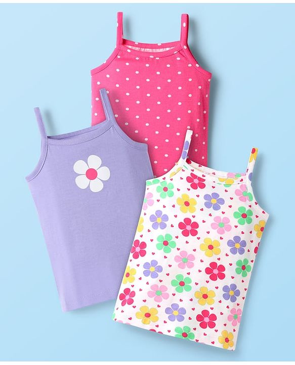 Babyhug 100% Cotton Single Jersey Knit Sleeveless Slips With Floral & Polka Dot Print Pack Of 3 - Pink White & Purple