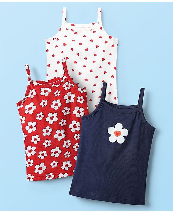 Babyhug 100% Cotton Singlet Floral & Heart Printed Slips Pack of 3 - White Red & Navy Blue