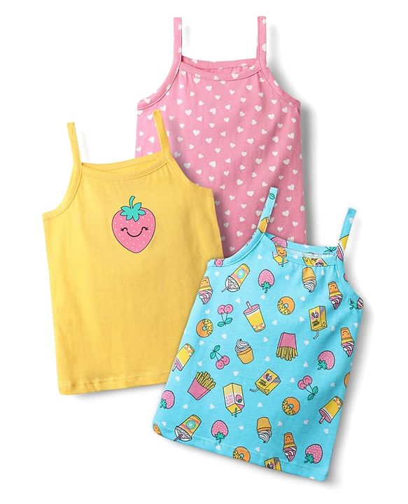 Babyhug 100% Cotton Single Jersey Knit Sleeveless Slips With Heart & Tropical Theme Print Pack Of 3 - Pink Yellow & Light Blue