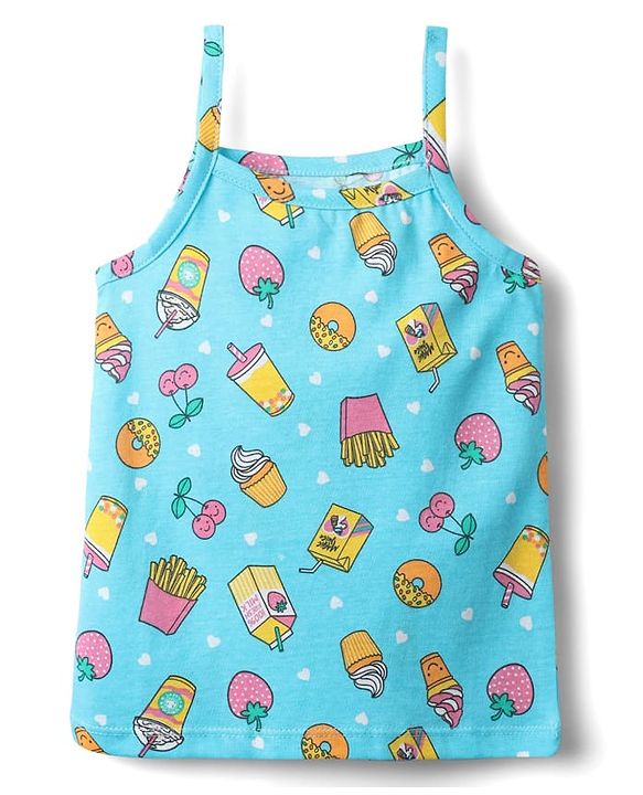 Babyhug 100% Cotton Single Jersey Knit Sleeveless Slips With Heart & Tropical Theme Print Pack Of 3 - Pink Yellow & Light Blue