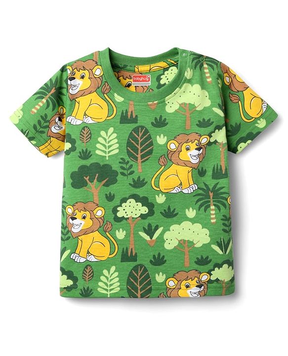 Babyhug Cotton Knit Half Sleeves Co-ords Shorts Night Suit With Lion Print - Green