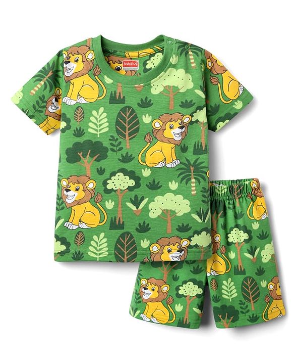 Babyhug Cotton Knit Half Sleeves Co-ords Shorts Night Suit With Lion Print - Green
