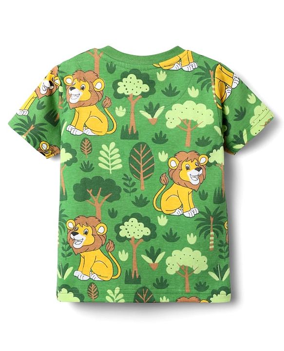 Babyhug Cotton Knit Half Sleeves Co-ords Shorts Night Suit With Lion Print - Green