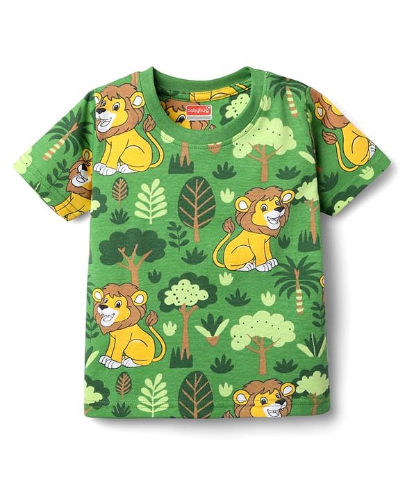 Babyhug Cotton Knit Half Sleeves Co-ords Shorts Night Suit With Lion Print - Green