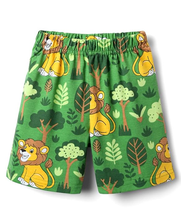 Babyhug Cotton Knit Half Sleeves Co-ords Shorts Night Suit With Lion Print - Green