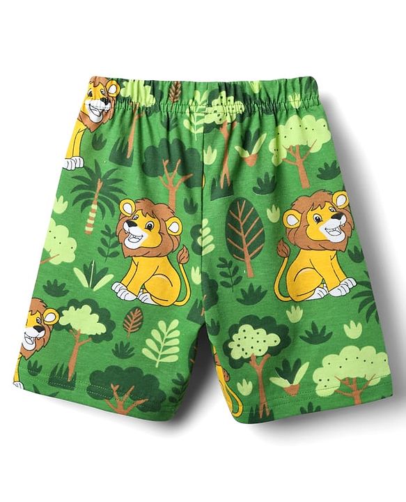 Babyhug Cotton Knit Half Sleeves Co-ords Shorts Night Suit With Lion Print - Green