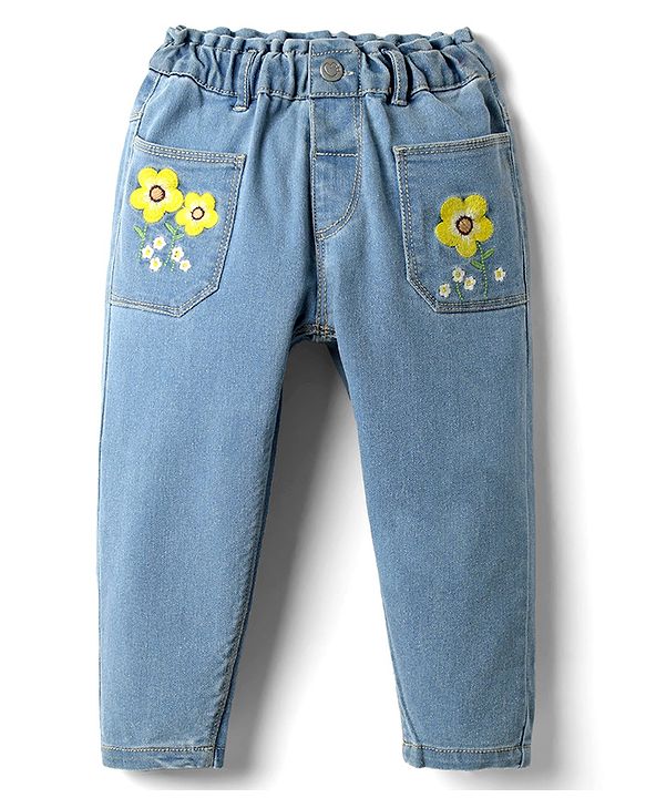 Babyhug Denim Full Length Slim Fit Stretchable Washed Jeans With Mock Fly Floral Embroidery & Badges - Blue