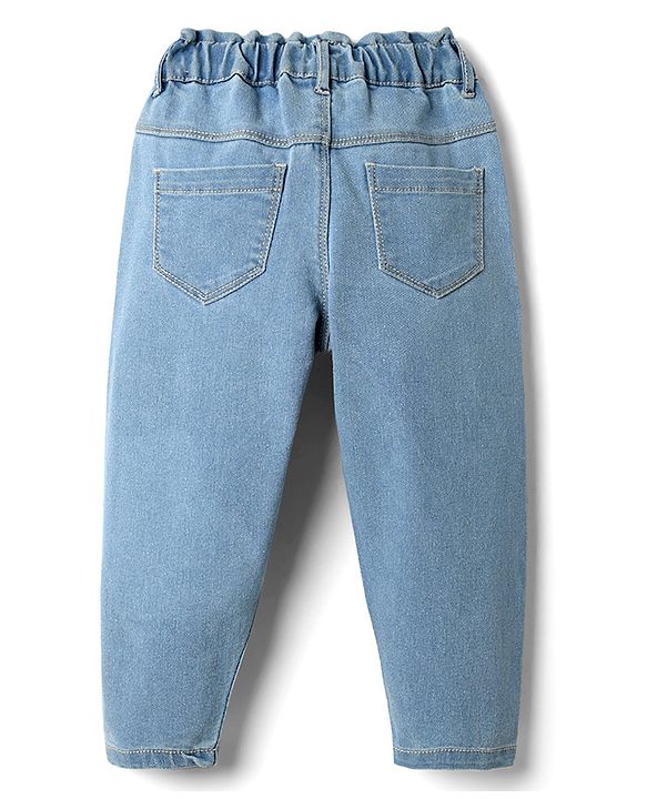 Babyhug Denim Full Length Slim Fit Stretchable Washed Jeans With Mock Fly Floral Embroidery & Badges - Blue