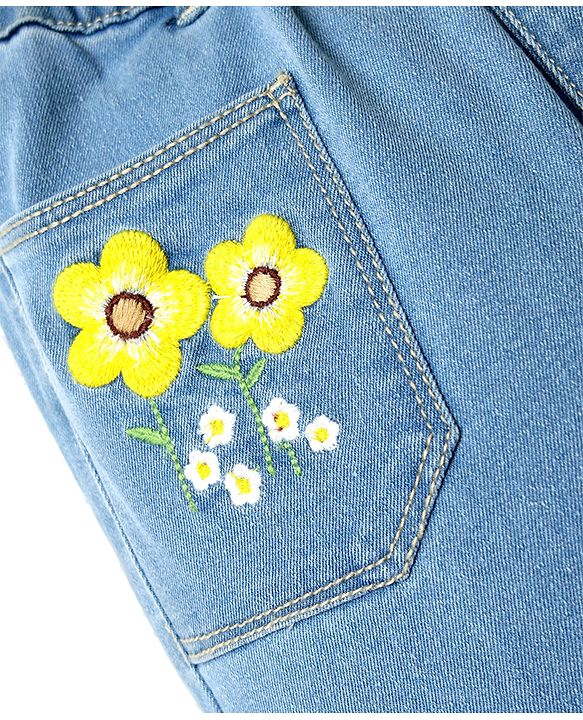 Babyhug Denim Full Length Slim Fit Stretchable Washed Jeans With Zipper Floral Embroidery & Badges - Blue