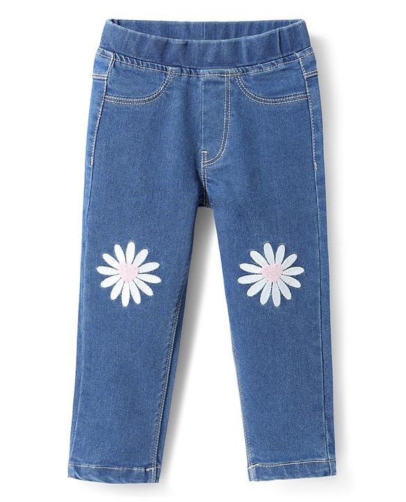 Babyhug Full Length Denim Jeggings Washed with Stretch & Floral Embroidery - Blue