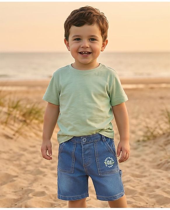 Babyhug Denim Above Knee Length Washed Bermuda With Stretch - Blue