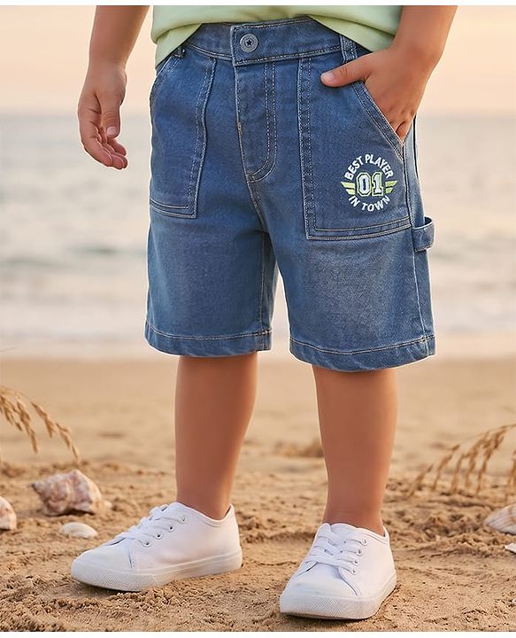 Babyhug Denim Above Knee Length Washed Bermuda With Stretch - Blue