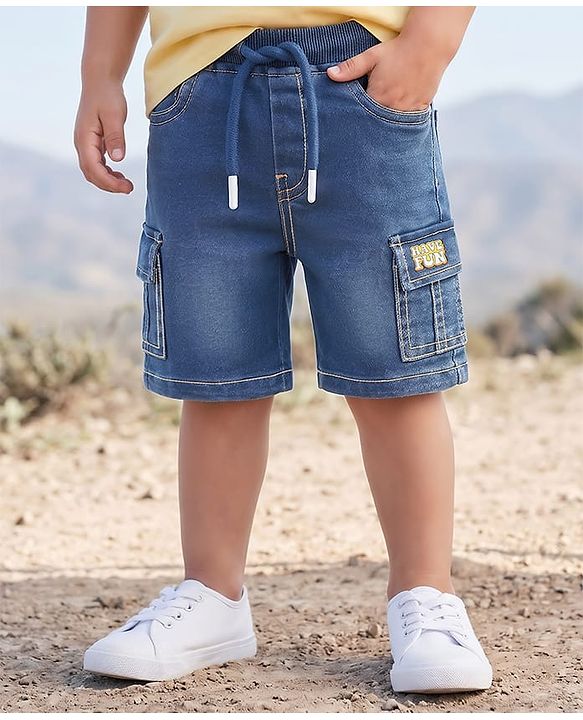 Babyhug Above Knee Length Washed Denim Barmuda with Stretch - Blue