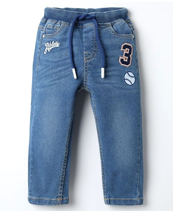 Babyhug Denim Full Length Washed Jeans With Stretch & Text Print - Blue