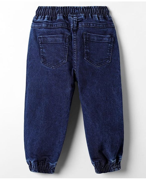 Babyhug Denim Full Length Text Printed Washed Joggers With Stretch - Blue