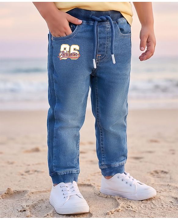 Babyhug Denim Full Length Washed Joggers With Stretch -Blue