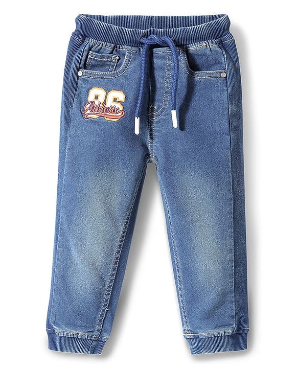 Babyhug Denim Full Length Washed Joggers With Stretch -Blue