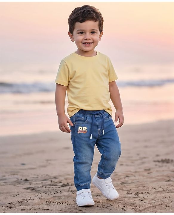 Babyhug Denim Full Length Washed Joggers With Stretch -Blue