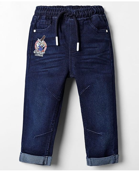 Babyhug Denim Full Length Washed Jeans With Stretch & Text Print - Navy Blue