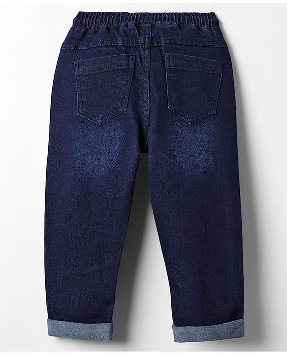 Babyhug Denim Full Length Washed Jeans With Stretch & Text Print - Navy Blue