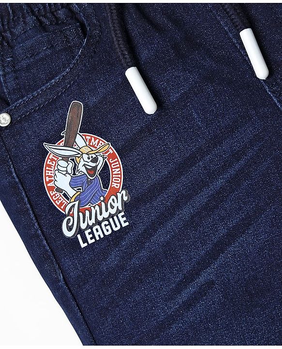 Babyhug Denim Full Length Washed Jeans With Stretch & Text Print - Navy Blue