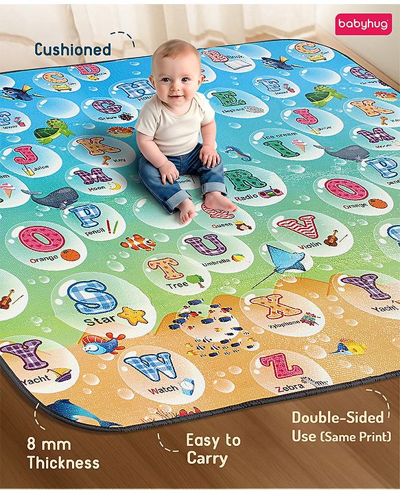 Babyhug Premium Reversible Waterproof Floor mat- 6 ft x 5 ft|Thickness 8 mm|Education Theme|Colorful|Learn and Play Mat|Soft Foam Mat|Baby Massage| Easy to Carry and fold|0-12 Years|BIS Certified