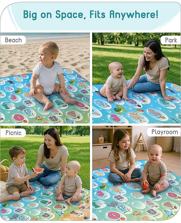 Babyhug Premium Reversible Waterproof Floor mat- 6 ft x 5 ft|Thickness 8 mm|Education Theme|Colorful|Learn and Play Mat|Soft Foam Mat|Baby Massage| Easy to Carry and fold|0-12 Years|BIS Certified