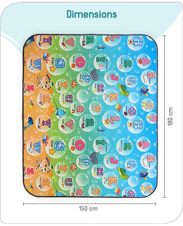 Babyhug Premium Reversible Waterproof Floor mat- 6 ft x 5 ft|Thickness 8 mm|Education Theme|Colorful|Learn and Play Mat|Soft Foam Mat|Baby Massage| Easy to Carry and fold|0-12 Years|BIS Certified