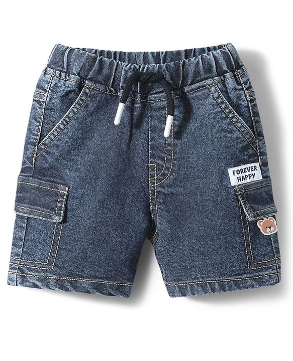 Babyhug Denim Washed Mid Thigh Shorts With Stretch & Teddy Bear Patch - Blue