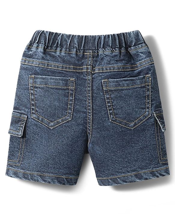 Babyhug Denim Washed Mid Thigh Shorts With Stretch & Teddy Bear Patch - Blue