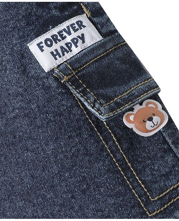 Babyhug Denim Washed Mid Thigh Shorts With Stretch & Teddy Bear Patch - Blue