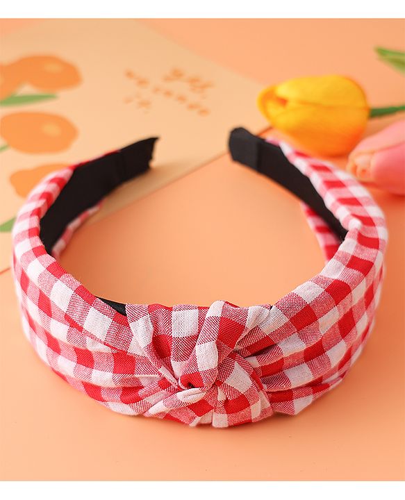 Pine KIds Hair Bands Knot Design with Checks Print - Red &  White