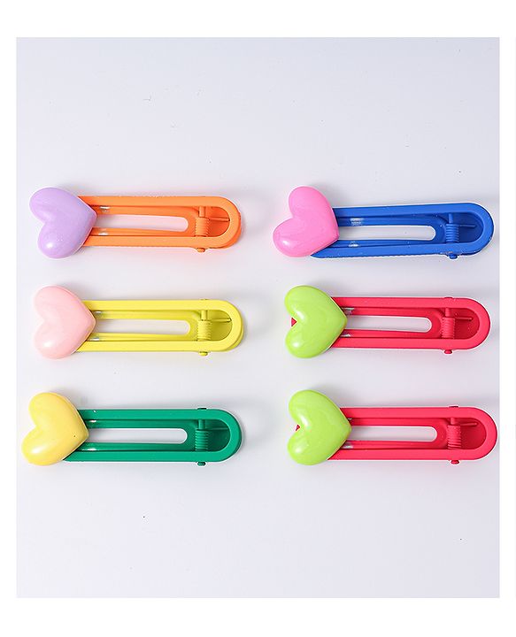 Babyhug Free Size Hair Clips with Heart Applique Pack of 6 - Red Blue and Green