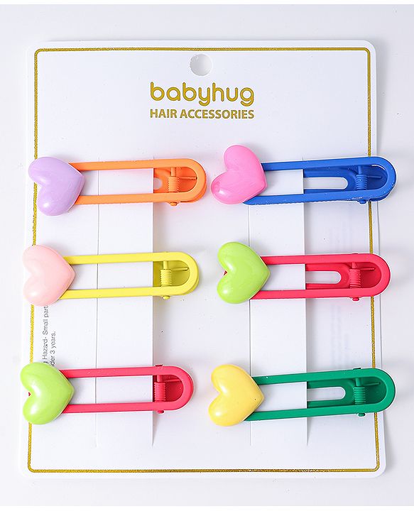 Babyhug Free Size Hair Clips with Heart Applique Pack of 6 - Red Blue and Green