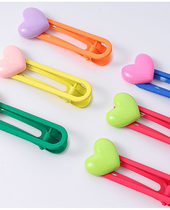 Babyhug Free Size Hair Clips with Heart Applique Pack of 6 - Red Blue and Green