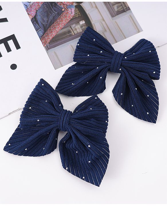 Pine Kids Free Size Bow & Butterfly Clips With Rhinestone Detailing Pack of 2 - Navy Blue