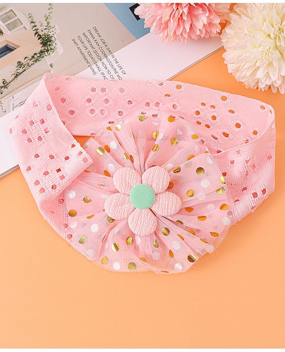 Babyhug Free Size Headband with Polka Dots Print & Floral Applique - Pink