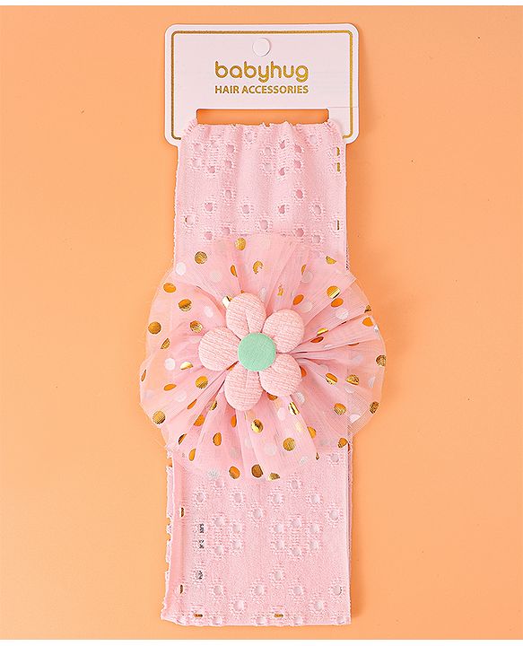 Babyhug Free Size Headband with Polka Dots Print & Floral Applique - Pink