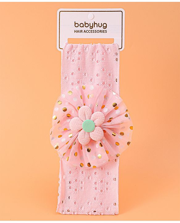 Babyhug Free Size Headband with Polka Dots Print & Floral Applique - Pink