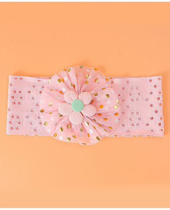 Babyhug Free Size Headband with Polka Dots Print & Floral Applique - Pink