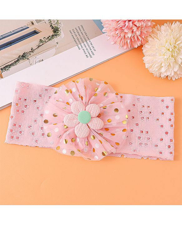 Babyhug Free Size Headband with Polka Dots Print & Floral Applique - Pink