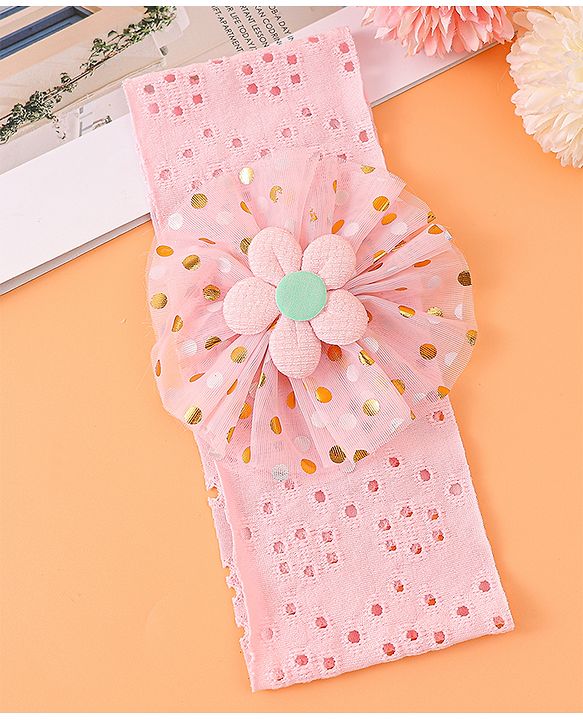 Babyhug Free Size Headband with Polka Dots Print & Floral Applique - Pink