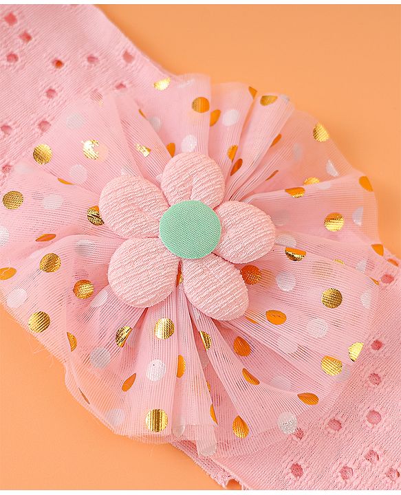 Babyhug Free Size Headband with Polka Dots Print & Floral Applique - Pink