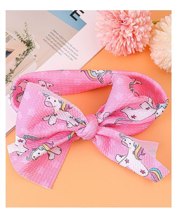 Babyhug Bow Applique Headband with Unicorn Print - Pink