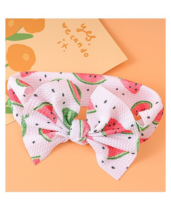 Babyhug Bow Applique Headband with Watermelon Print - White & Red
