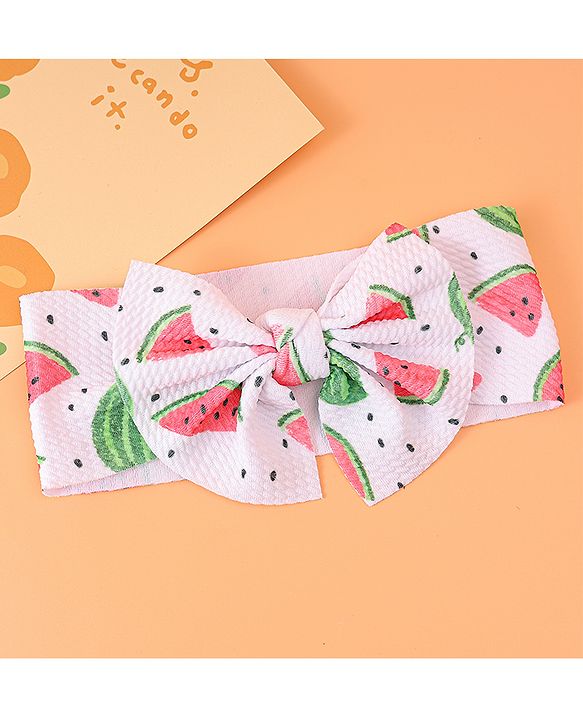 Babyhug Bow Applique Headband with Watermelon Print - White & Red
