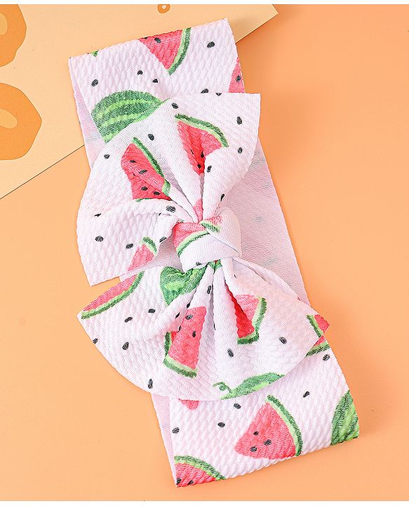 Babyhug Bow Applique Headband with Watermelon Print - White & Red