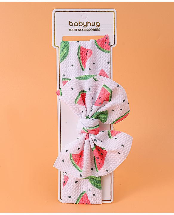 Babyhug Bow Applique Headband with Watermelon Print - White & Red