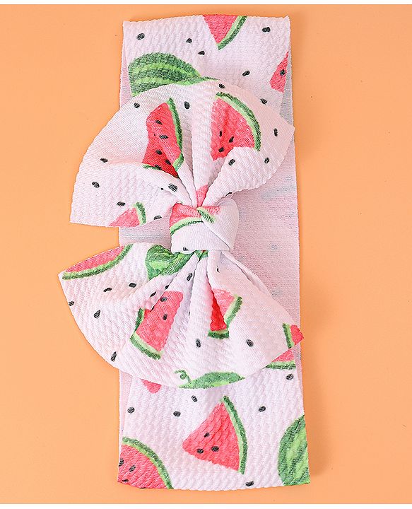 Babyhug Bow Applique Headband with Watermelon Print - White & Red