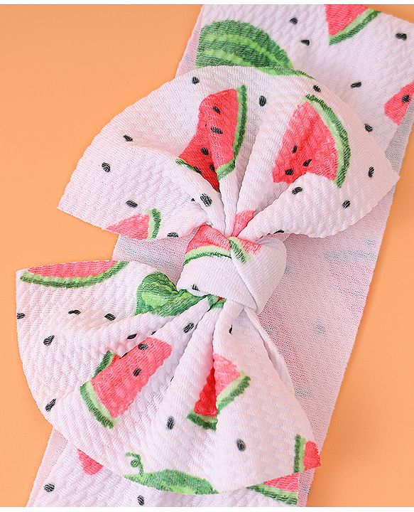 Babyhug Bow Applique Headband with Watermelon Print - White & Red